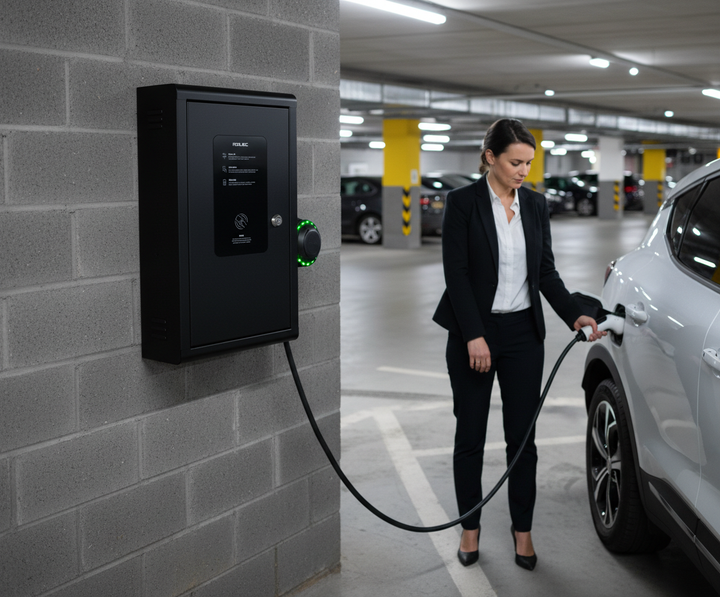 Premium Intelligent EV Charging Unit with Dynamic Load Balancing and PME Fault Detection for Workplaces and Car Parks
