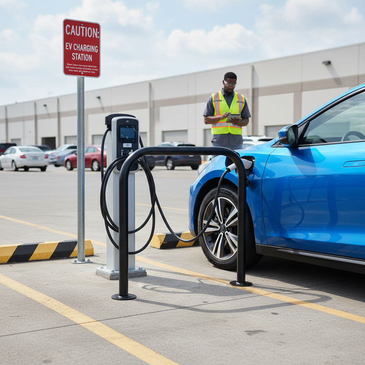 Heavy Duty EV Charging Pedestal Protection Barrier - Powder Coated Steel, Ground Mount, 750mm Dimensions