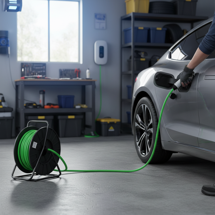 Premium 16 Amp Electric Vehicle Charging Cable Reel for 1 Phase Use - Ideal for Home and Commercial Applications