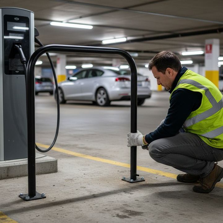 Premium Steel EV Charging Pedestal Protection Barrier with Powder Coated Finish and Root Mount Design - 750mm W x 1000mm H x 48mm D